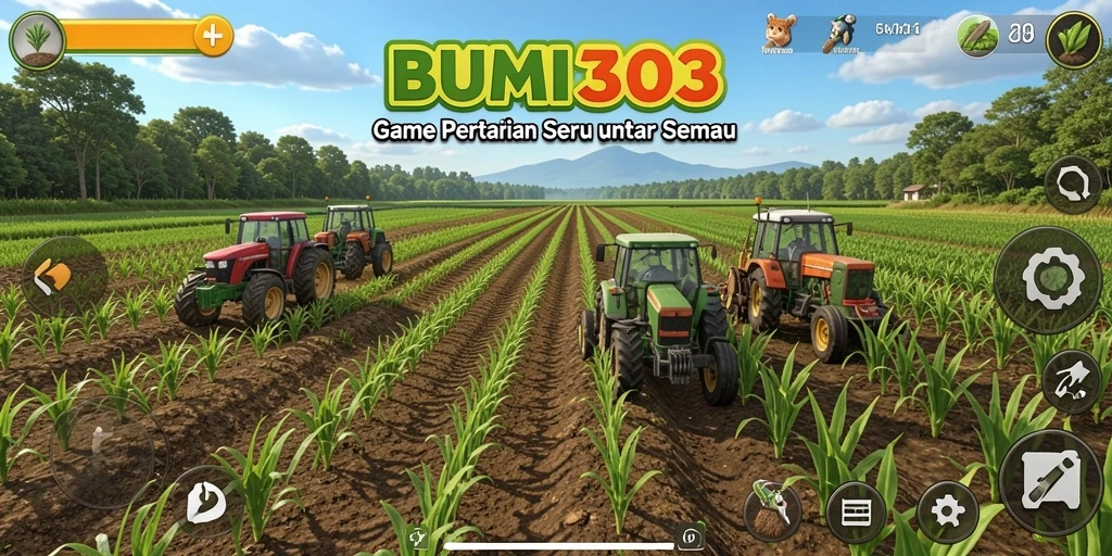 Tangkapan layar gameplay BUMI303 menampilkan lahan pertanian yang rimbun dan aktivitas bercocok tanam.