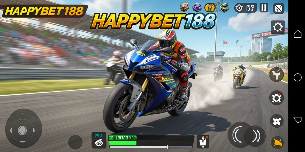 Layar dari gameplay balap motor yang mendebarkan di HAPPYBET188.