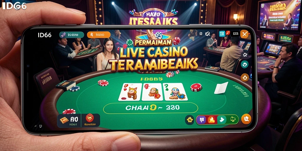 Screenshot ID66 menampilkan dealer live dan suasana kasino yang seru.