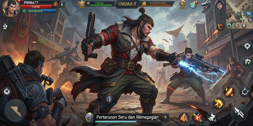 Screenshot gameplay menunjukkan pertarungan seru di PRIMA77.